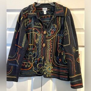 Chico's Size 3 Cardigan Black Embroidered Colorful Ethnic Buttons Vintage 1990s